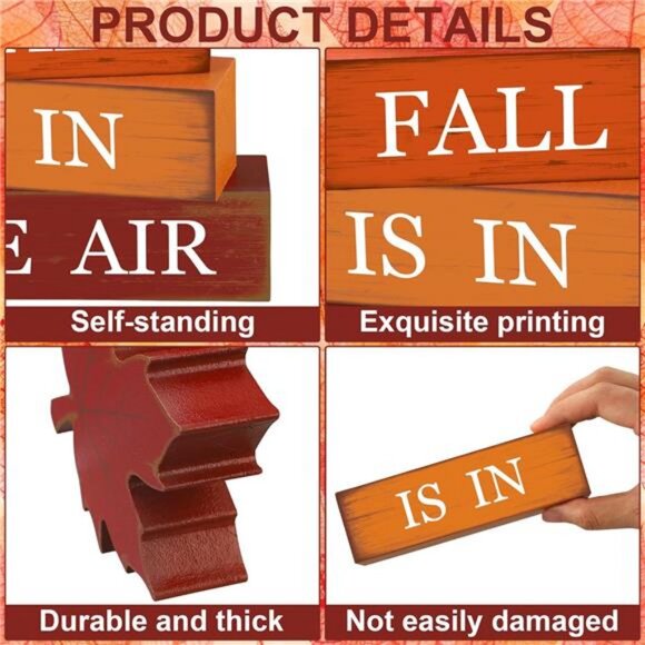 4 PCS Fall Maple Leaf Wooden Table Block Sign Thanksgiving Wood Tiered Tray - Picture 4 of 8
